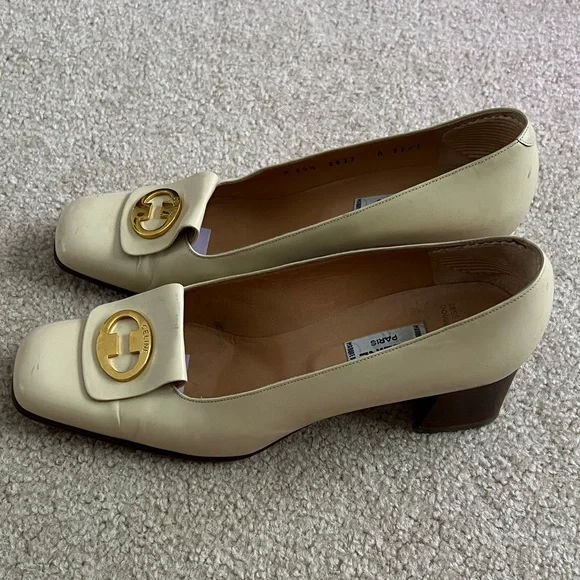Celine Cream Leather Square-Toe Pumps with Gold Logo Plaque - Picture 3 of 12